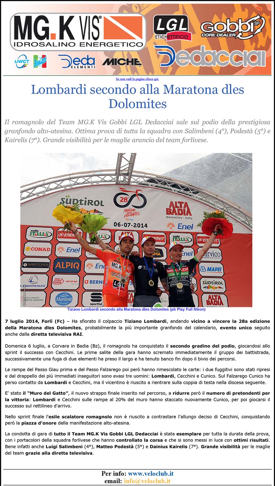dedacciai-news Lombardi secondo alla Maratona dles Dolomites